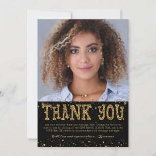 Tarjeta De Agradecimiento Moderno Purpurina de Oro Negro 2 Graduación de fot