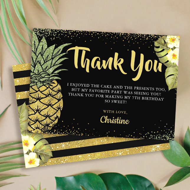 Tarjeta De Agradecimiento Moderno Purpurina de oro negro Pineapple Floral (Subido por el creador)