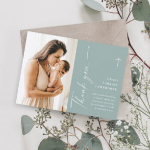 Tarjeta De Agradecimiento Moderno Script Elegante Foto Bautizo