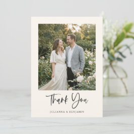 Tarjeta De Agradecimiento Moderno Script Elegante Negro Marfil Foto Boda