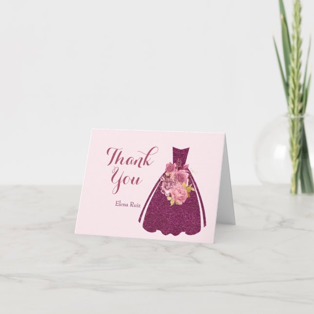 Tarjeta De Agradecimiento Moderno traje Purpurina Quinceañera (Anverso)