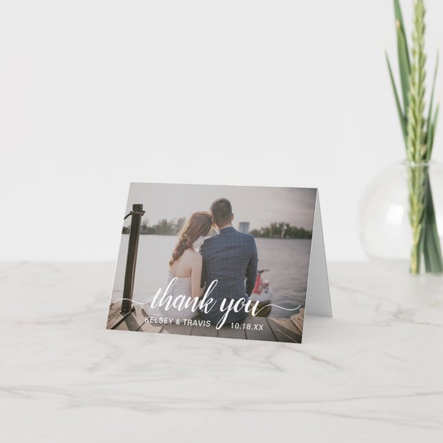 Tarjeta De Agradecimiento Moderno y elegante Boda de fotografías de guiones (Anverso)