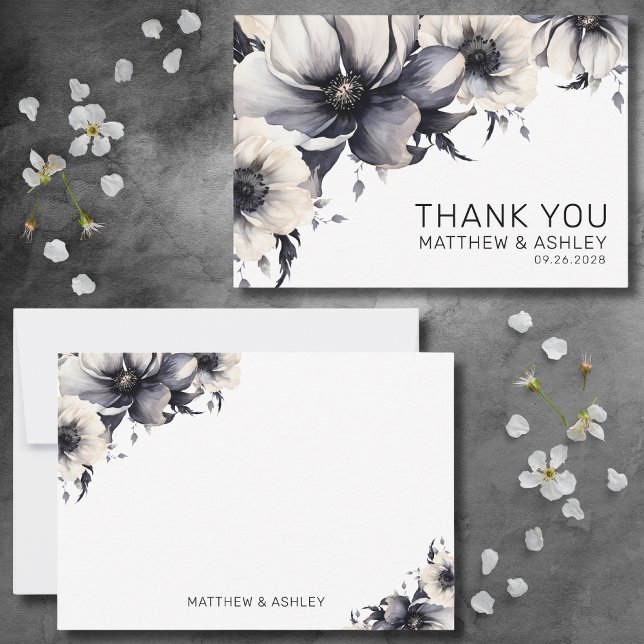 Tarjeta De Agradecimiento Moderno y elegante Boho Boda floral blanco negro (Modern Elegant Floral Boho Black White Wedding Thank You Card)