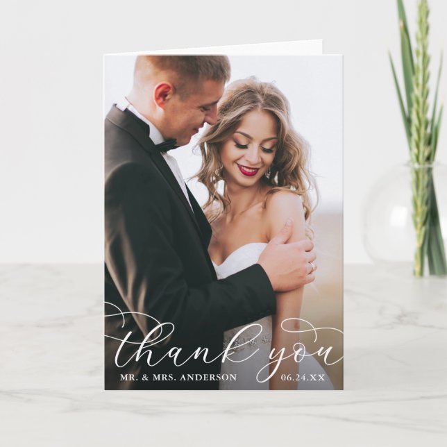 Tarjeta De Agradecimiento Moderno y elegante caligrafía Boda Fold W (Anverso)