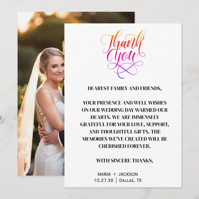 Tarjeta De Agradecimiento Moderno y elegante guión Boda blanco negro (Anverso / Reverso)