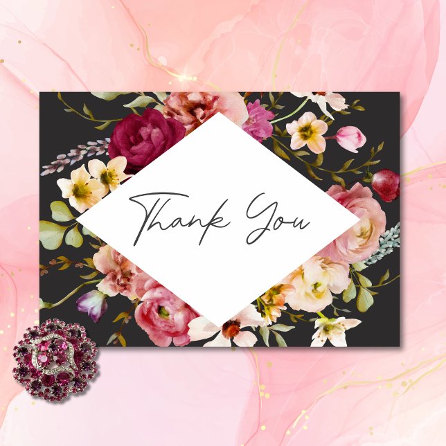 Tarjeta De Agradecimiento Moderno y elegante verano pradera floral Boda negr (Modern Elegant Summer Meadow Floral Black Wedding Thank You Card)