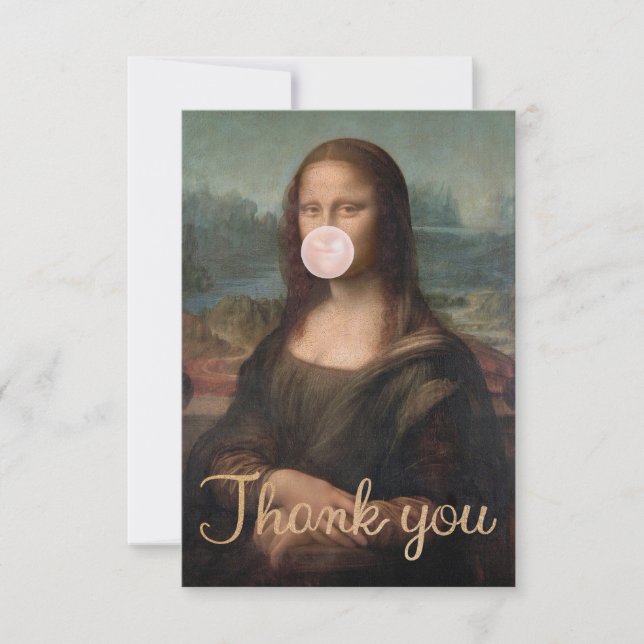 Tarjeta De Agradecimiento Mona Lisa Soplando Chicle Rosa   (Anverso)