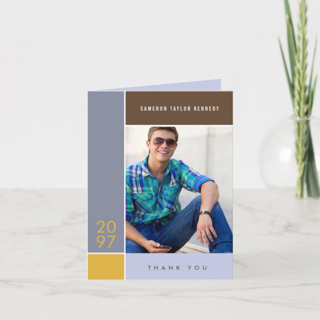Tarjeta De Agradecimiento Mondrian Simple Color Blocks Graduation Photo (Anverso)
