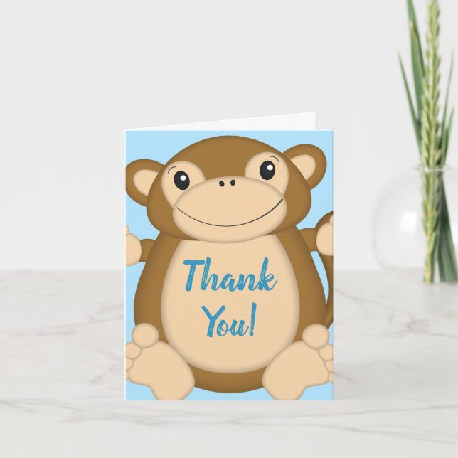 Tarjeta De Agradecimiento Monkey Baby Shower Blue (Anverso)