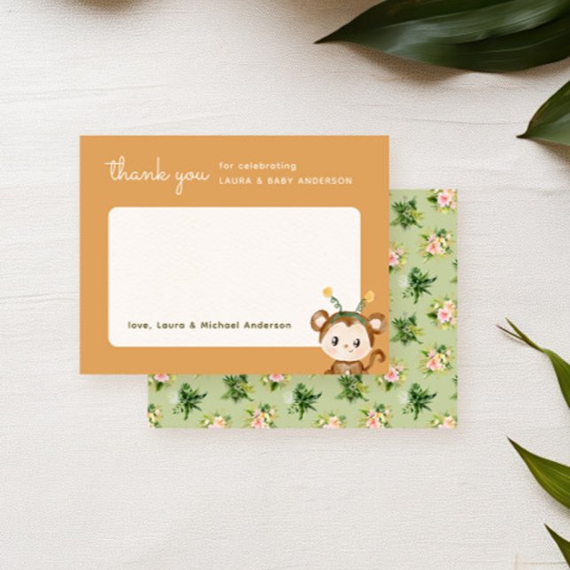 Tarjeta De Agradecimiento Monkey Jungle Tropical Baby Shower (Thank you card for a safari baby shower party featuring a cute monkey and tropical botanicals)