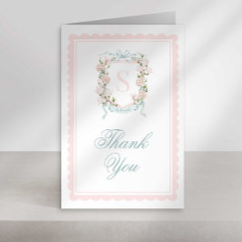 Tarjeta De Agradecimiento Monogram Crest Thank You Card Pink Bow Scallop