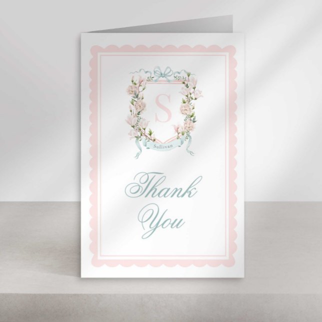 Tarjeta De Agradecimiento Monogram Crest Thank You Card Pink Bow Scallop (Subido por el creador)