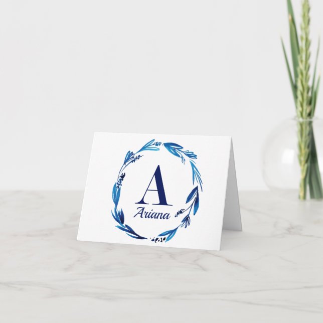 Tarjeta De Agradecimiento Monograma 'A' de la guirnalda floral azul (Anverso)