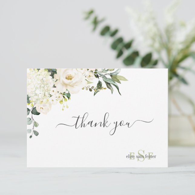 Tarjeta De Agradecimiento Monograma acuarela Alabaster Rosas Hydrangea (Anverso de pie)