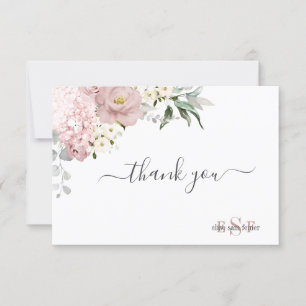 Tarjeta De Agradecimiento Monograma acuarela rosas polvorientas Hydrangea