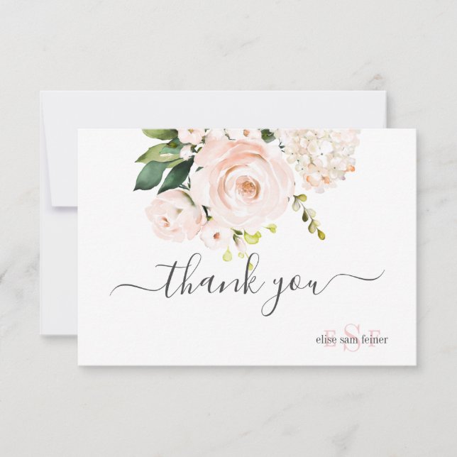 Tarjeta De Agradecimiento Monograma acuarela Rubor Roses rosas rosadas Hydra (Anverso)