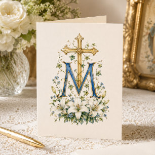 Tarjeta De Agradecimiento Monograma azul floral de la cruz de María con Sagr