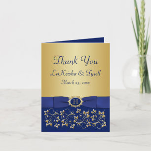 Tarjeta de agradecimiento monograma azul y floral