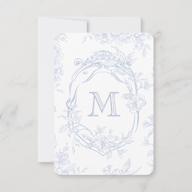 Tarjeta De Agradecimiento Monograma Boda de tela azul floral inicial (Anverso)