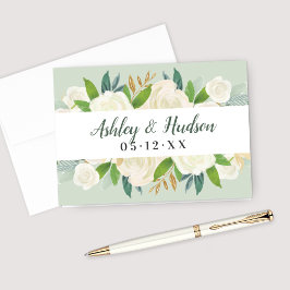 Tarjeta De Agradecimiento Monograma Boda de verde floral de oro crema verde