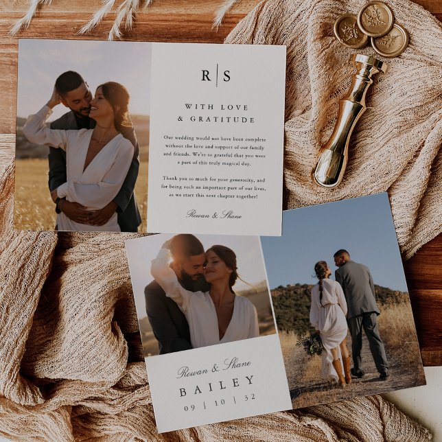 Tarjeta De Agradecimiento Monograma clásico negro y ecograma multifoto (Subido por el creador)