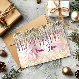 Tarjeta De Agradecimiento Monograma con gotas de brillo dorado rosa chic