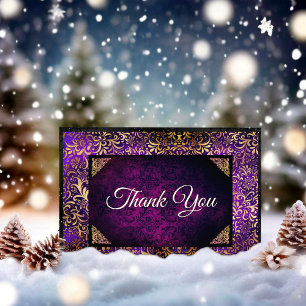 Tarjeta De Agradecimiento Monograma damasco floral dorado púrpura elegante