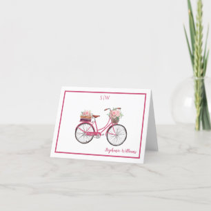 Tarjeta De Agradecimiento Monograma de bicicleta floral color rosa rosado