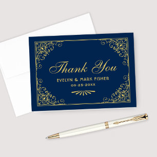 Tarjeta De Agradecimiento Monograma de boda Art Déco dorado y azul marino os