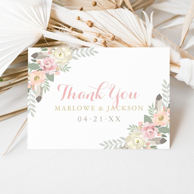 Tarjeta De Agradecimiento Monograma de boda boho floral rosa y dorado (Subido por el creador)
