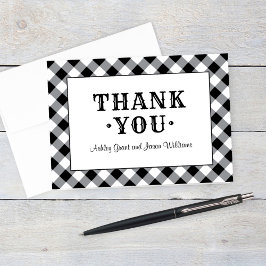 Tarjeta De Agradecimiento Monograma de boda de gingham a cuadros negro rústi
