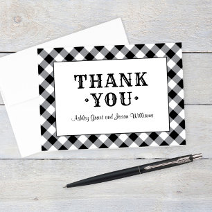 Tarjeta De Agradecimiento Monograma de boda de gingham a cuadros negro rústi