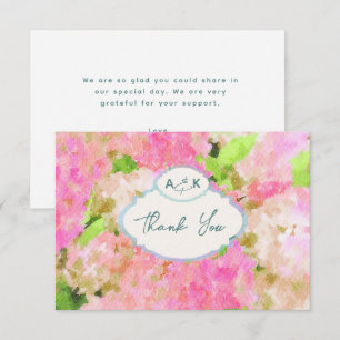Tarjeta De Agradecimiento Monograma de Boda de Jardín de Hortensias Rosadas 