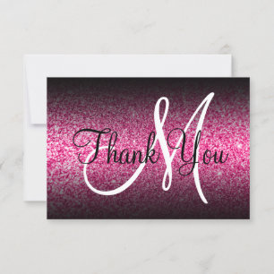 Tarjeta De Agradecimiento Monograma de brillo rosa caliente Ombre negro