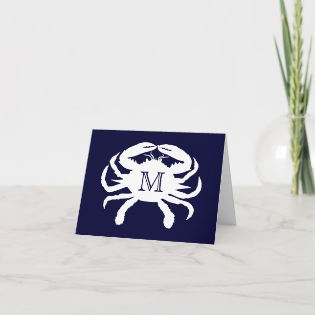Tarjeta De Agradecimiento Monograma de cangrejo blanco y azul de la marina (Anverso)