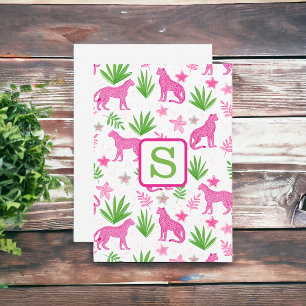 Tarjeta De Agradecimiento Monograma de Cheetah Rosa Preppy / Verde Floral