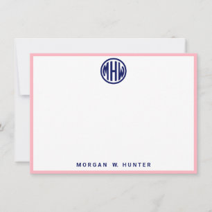 Tarjeta De Agradecimiento Monograma de círculo de la marina blanca rosa DIY