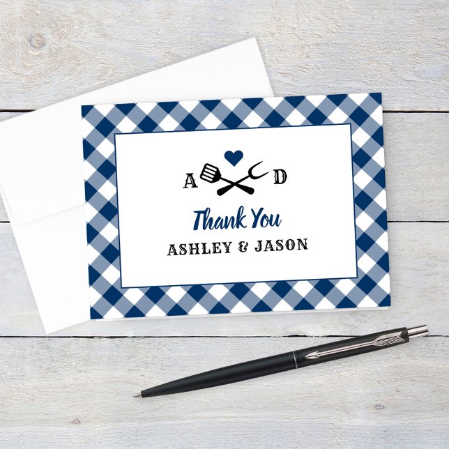 Tarjeta De Agradecimiento Monograma de la Marina Rusa Gingham Plaid BBQ Boda (Subido por el creador)