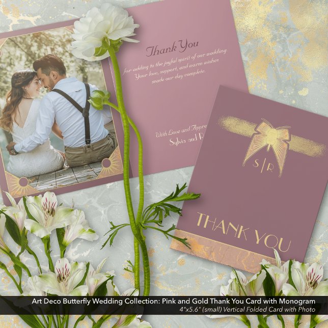 Tarjeta De Agradecimiento Monograma de mariposa Art Decó Foto Oro Rosa (Art Deco Butterfly Wedding Thank You Card: Antique Gold and Dusty Pink/Mauve with Monogram)
