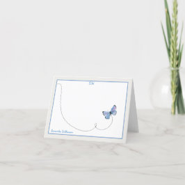 Tarjeta De Agradecimiento Monograma de vuelo de mariposa color azul doblado