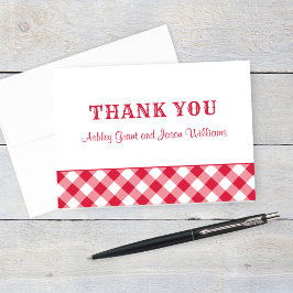 Tarjeta De Agradecimiento Monograma del Boda rojo blanco Gingham Plaid