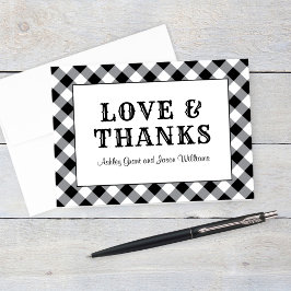 Tarjeta De Agradecimiento Monograma del Boda Rústico Black Gingham Plaid