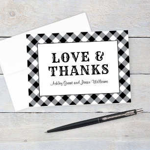 Tarjeta De Agradecimiento Monograma del Boda Rústico Black Gingham Plaid