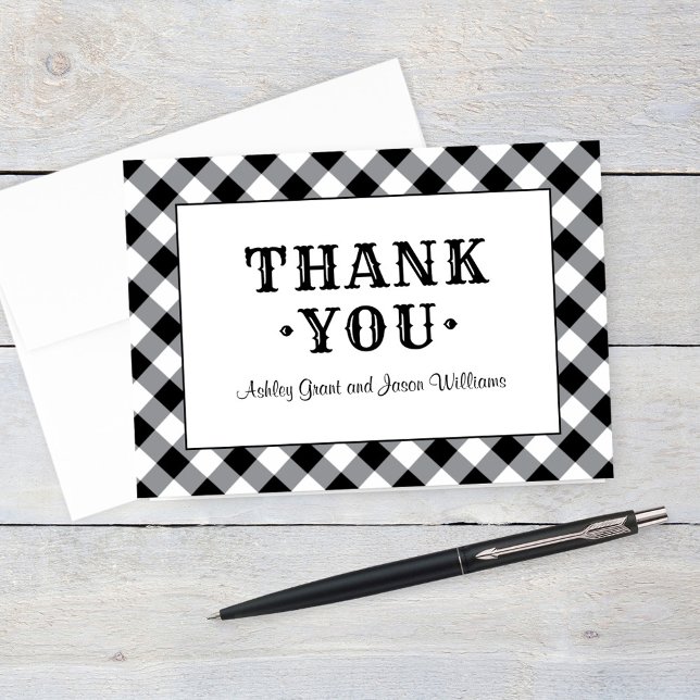 Tarjeta De Agradecimiento Monograma del Boda Rústico Black Gingham Plaid (Subido por el creador)