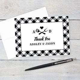 Tarjeta De Agradecimiento Monograma del Boda Rústico Black Gingham Plaid BBQ