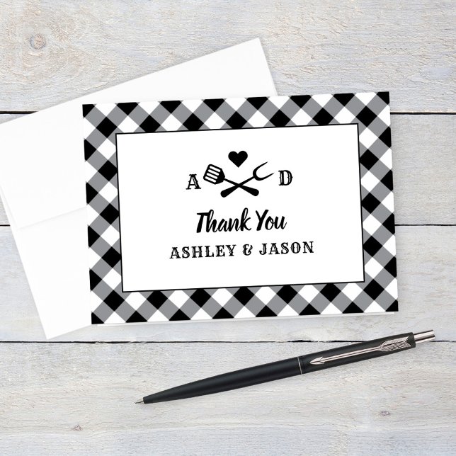Tarjeta De Agradecimiento Monograma del Boda Rústico Black Gingham Plaid BBQ (Subido por el creador)