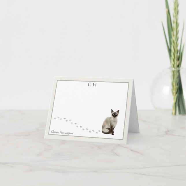 Tarjeta De Agradecimiento Monograma del borde gris del gato siamés doblado (Anverso)