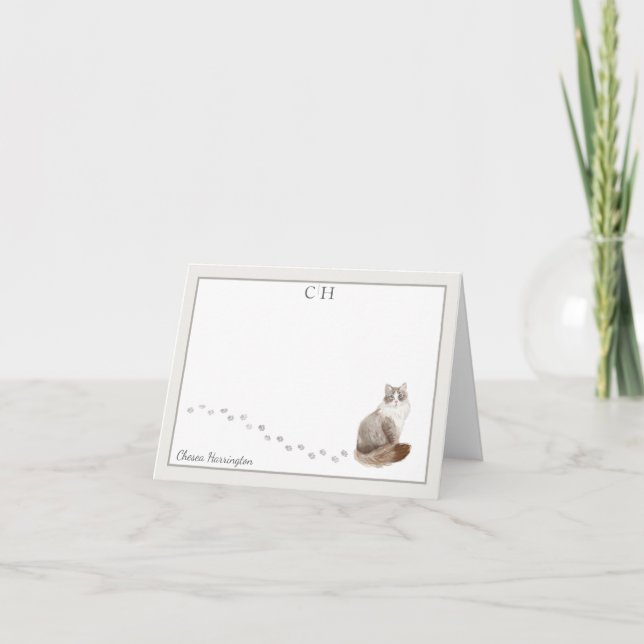 Tarjeta De Agradecimiento Monograma del borde gris del gato siberiano doblad (Anverso)