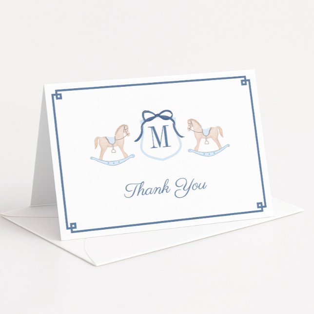 Tarjeta De Agradecimiento Monograma del caballo de Rocking Preppy Baby Showe (Preppy watercolor monogram rocking horse thank you card with navy blue Greek Key border)