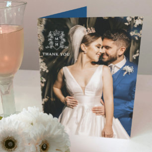 Tarjeta De Agradecimiento Monograma del corazón de la corona foto boda blanc